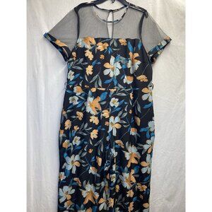 Shein Curve Mesh Short Sleeve RoundNeck Wide Leg Jumpsuit Women 1XL Black Floral